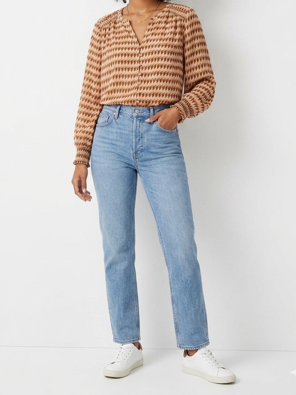 Joie Tan and Cream Diamond-Print Button Blouse